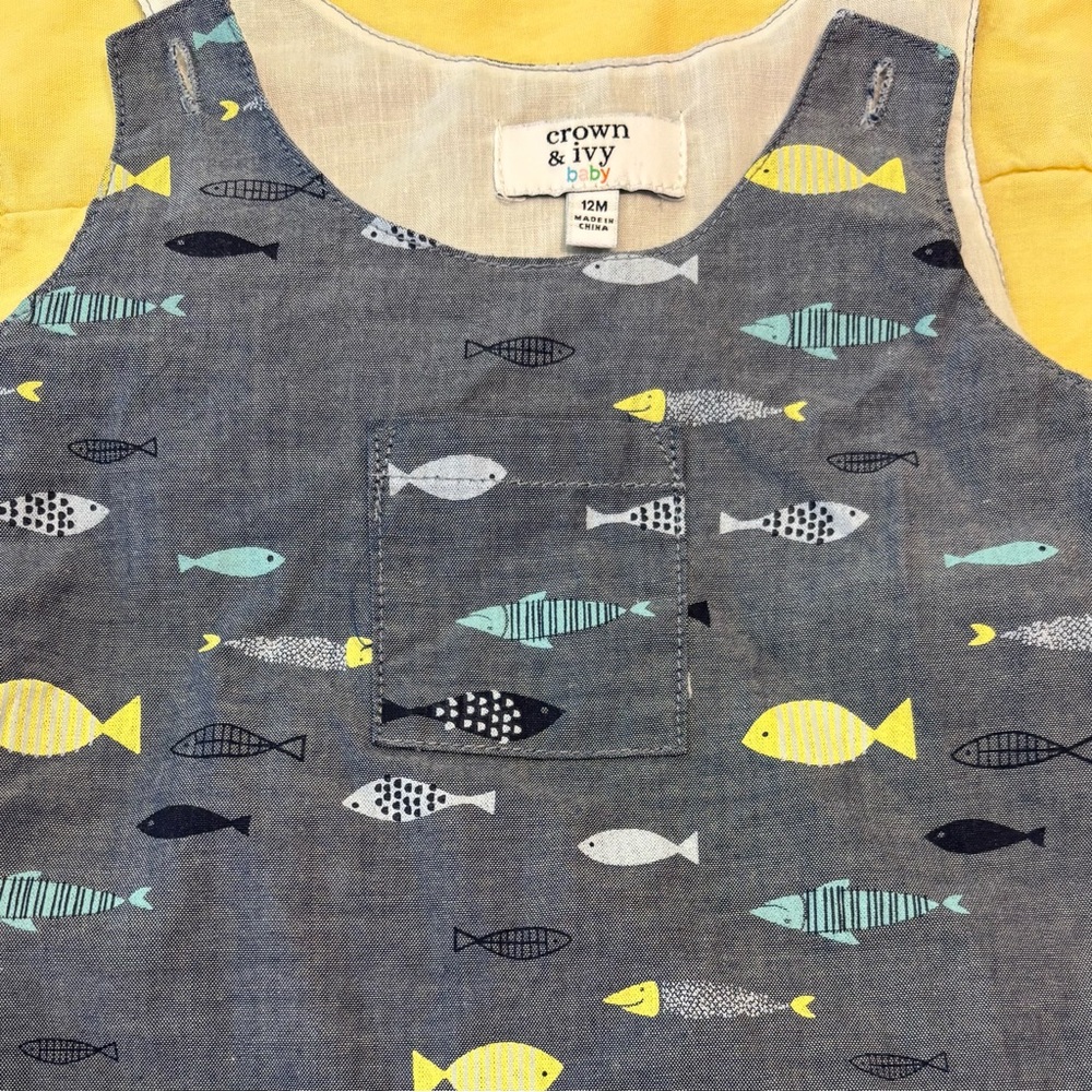 EUC Crown & Ivy Baby Romper, Blue with Fish Print, Baby Sz 12 months - Picture 12 of 13